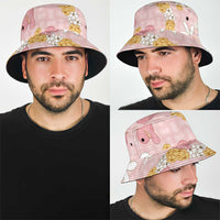 Hawaii Anthurium Tiare Pikake Lei Bucket Hat Akala Lauhala Art Pattern
