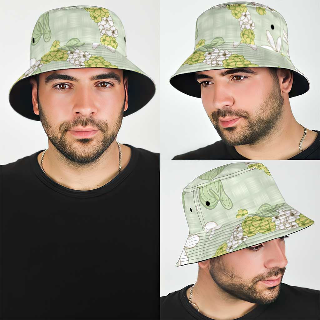Hawaii Anthurium Tiare Pikake Lei Bucket Hat Sage Green Lauhala Art Pattern