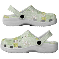 Hawaii Anthurium Tiare Pikake Lei Clogs Shoes Sage Green Lauhala Art Pattern