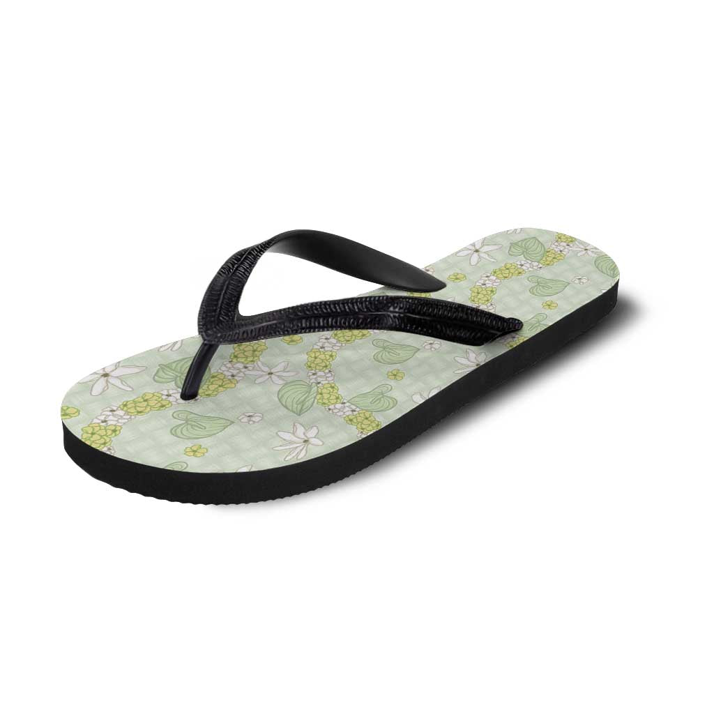 Hawaii Anthurium Tiare Pikake Lei Flip Flops Sage Green Lauhala Art Pattern