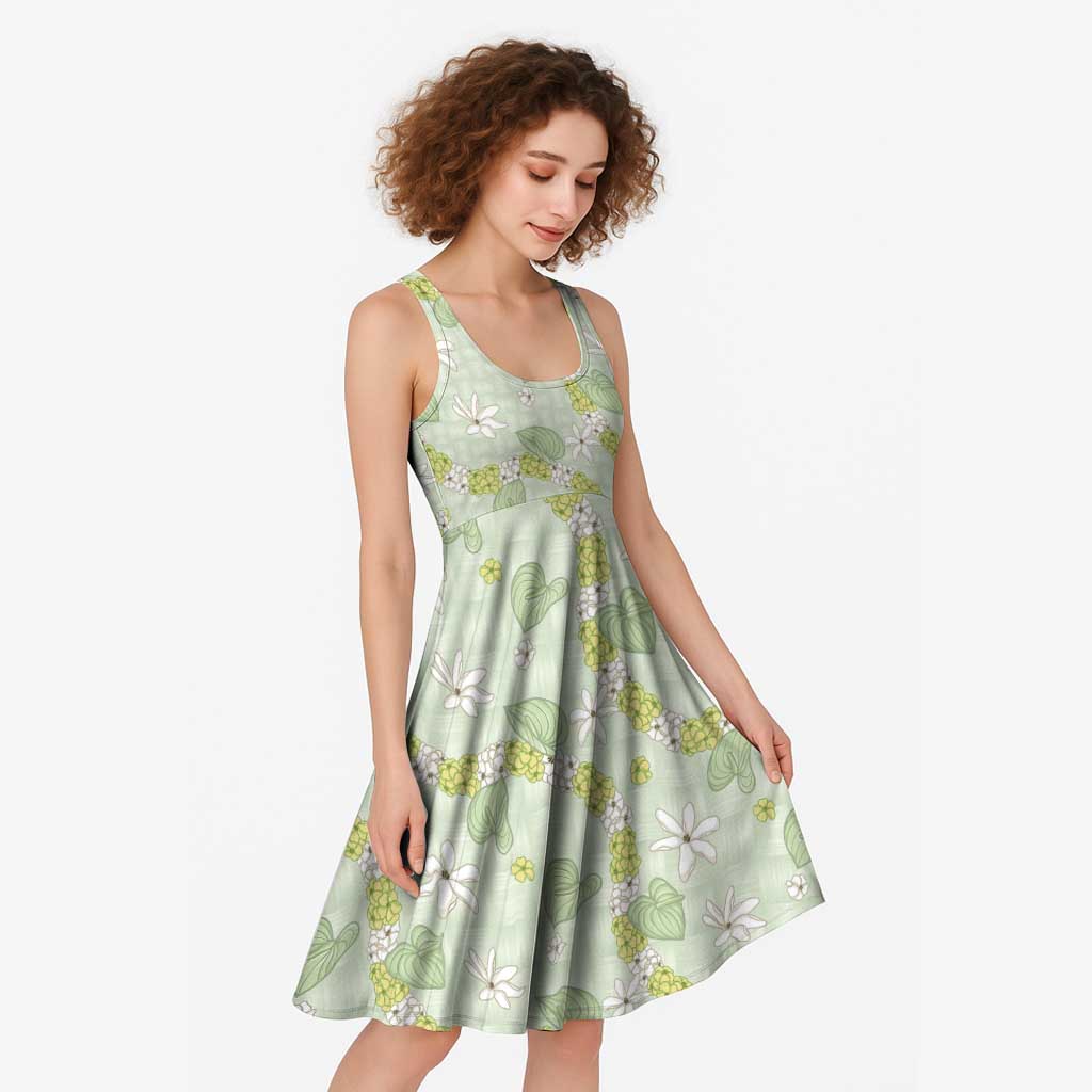Hawaii Anthurium Tiare Pikake Lei Midi Dress Sage Green Lauhala Art Pattern