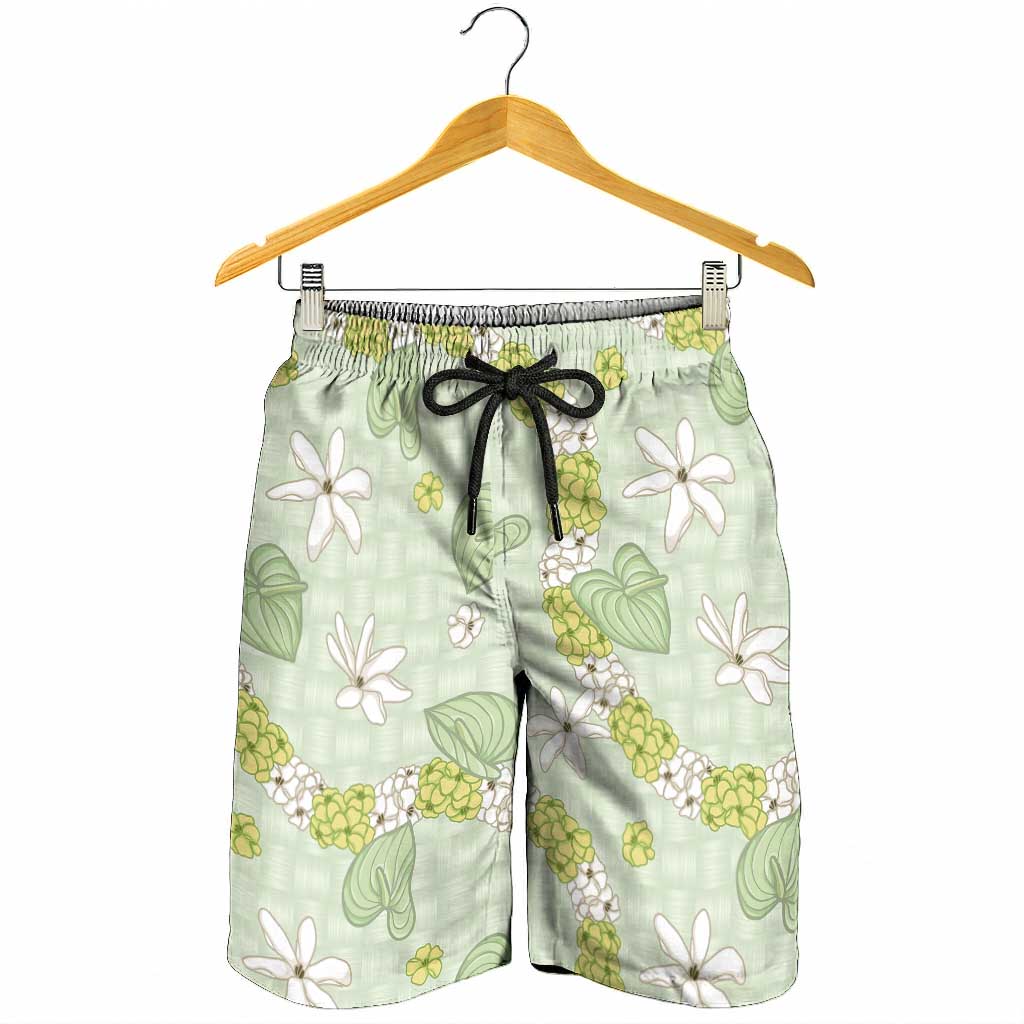 Hawaii Anthurium Tiare Pikake Lei Shorts for Men Sage Green Lauhala Art Pattern
