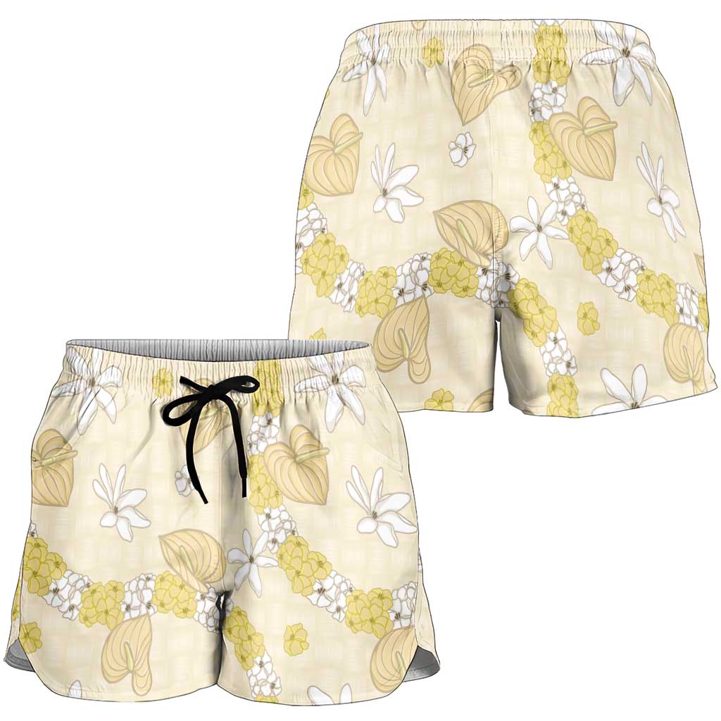 Hawaii Anthurium Tiare Pikake Lei Shorts for Women Melemele Lauhala Art Pattern