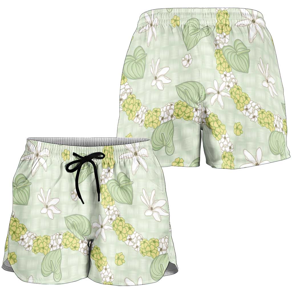 Hawaii Anthurium Tiare Pikake Lei Shorts for Women Sage Green Lauhala Art Pattern