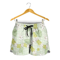 Hawaii Anthurium Tiare Pikake Lei Shorts for Women Sage Green Lauhala Art Pattern