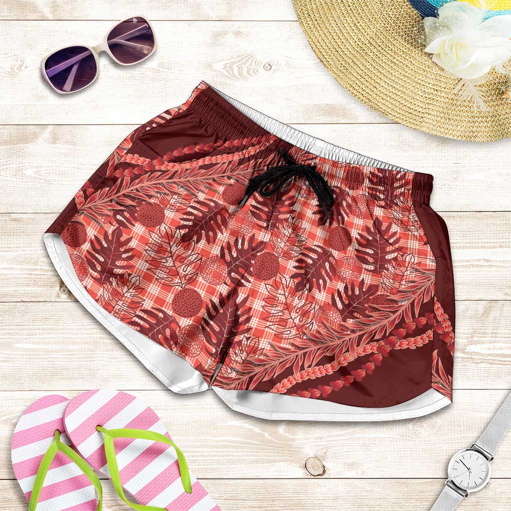 Hawaii Breadfruit Palaka Shorts for Women Ulaula Maile Lei LT9 Red - Polynesian Pride