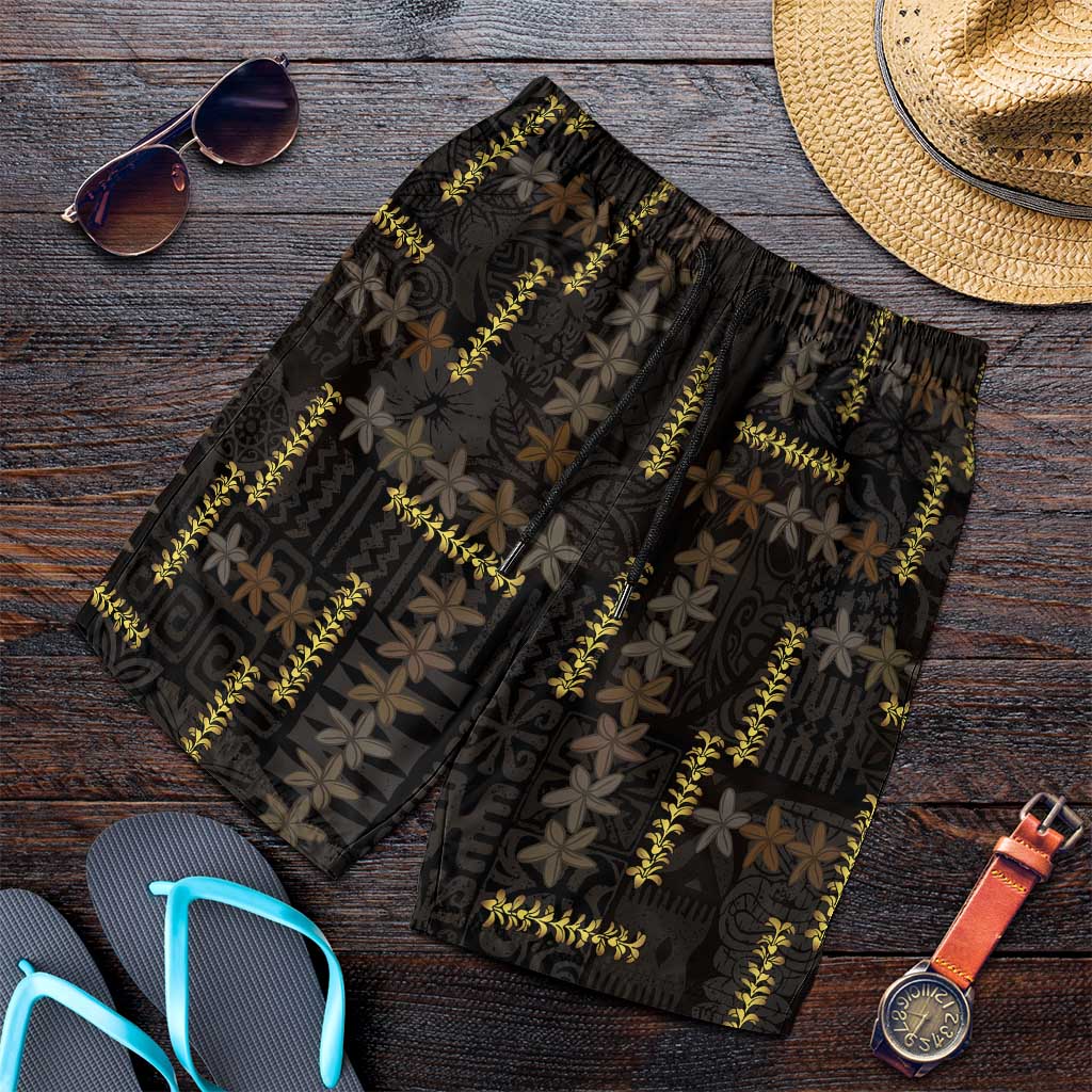 Hawaii Brown Plumeria Lei Black Shorts for Men Frangipani Floral Heritage Art