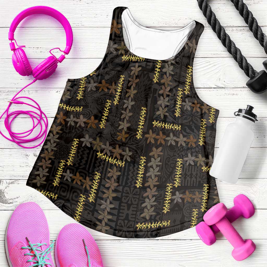 Hawaii Brown Plumeria Lei Black Women Racerback Tank Frangipani Floral Heritage Art LT01 Black - Polynesian Pride