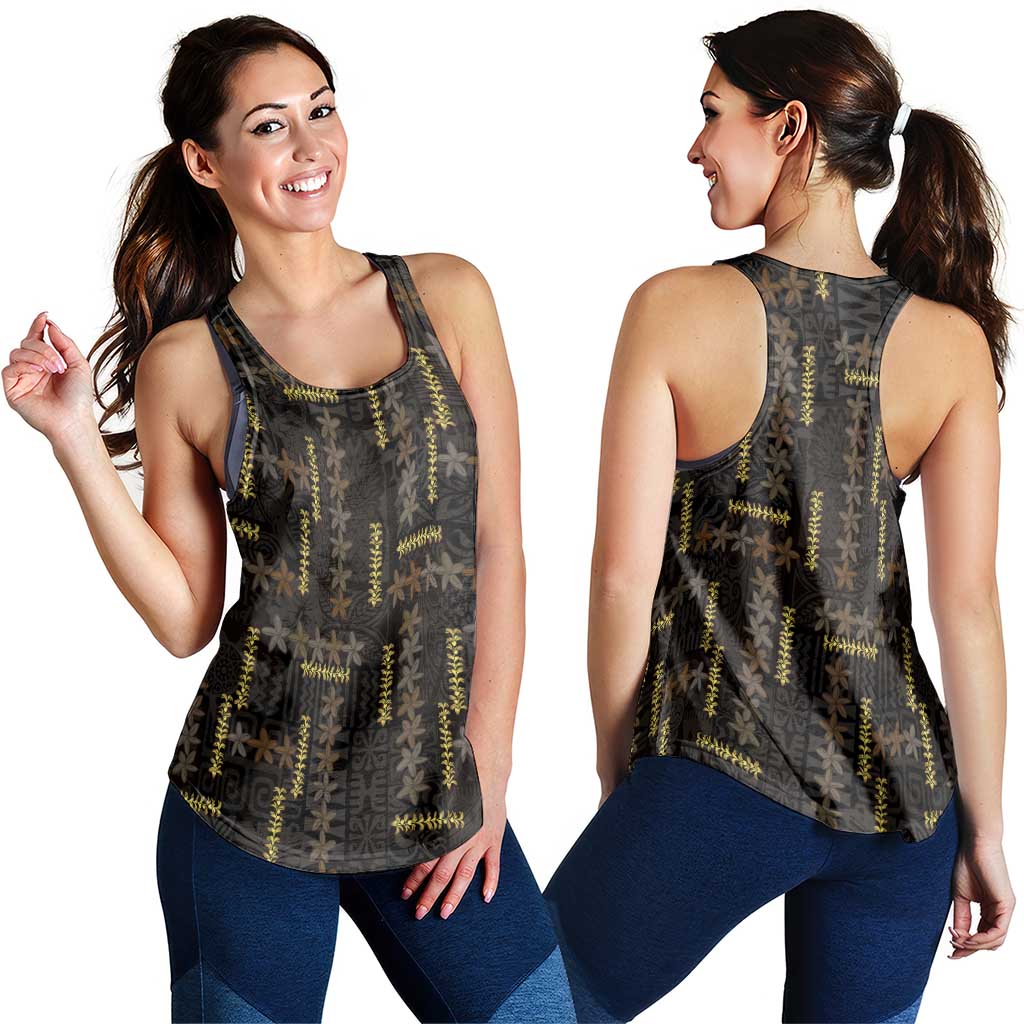 Hawaii Brown Plumeria Lei Black Women Racerback Tank Frangipani Floral Heritage Art LT01 - Polynesian Pride