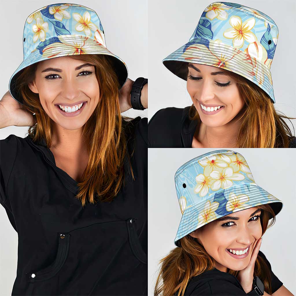 Hawaii Hibiscus Plumeria Blue Bucket Hat Polynesian Pattern