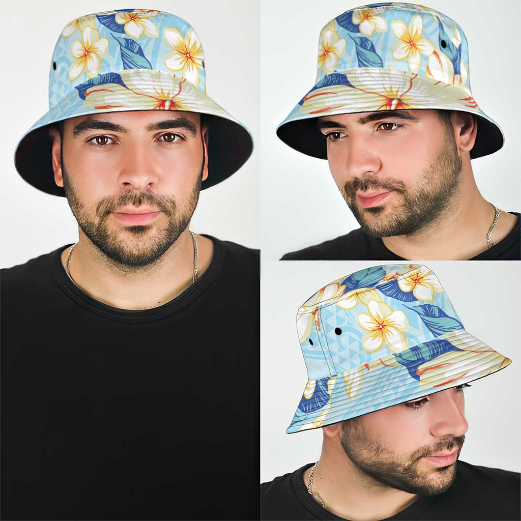 Hawaii Hibiscus Plumeria Blue Bucket Hat Polynesian Pattern