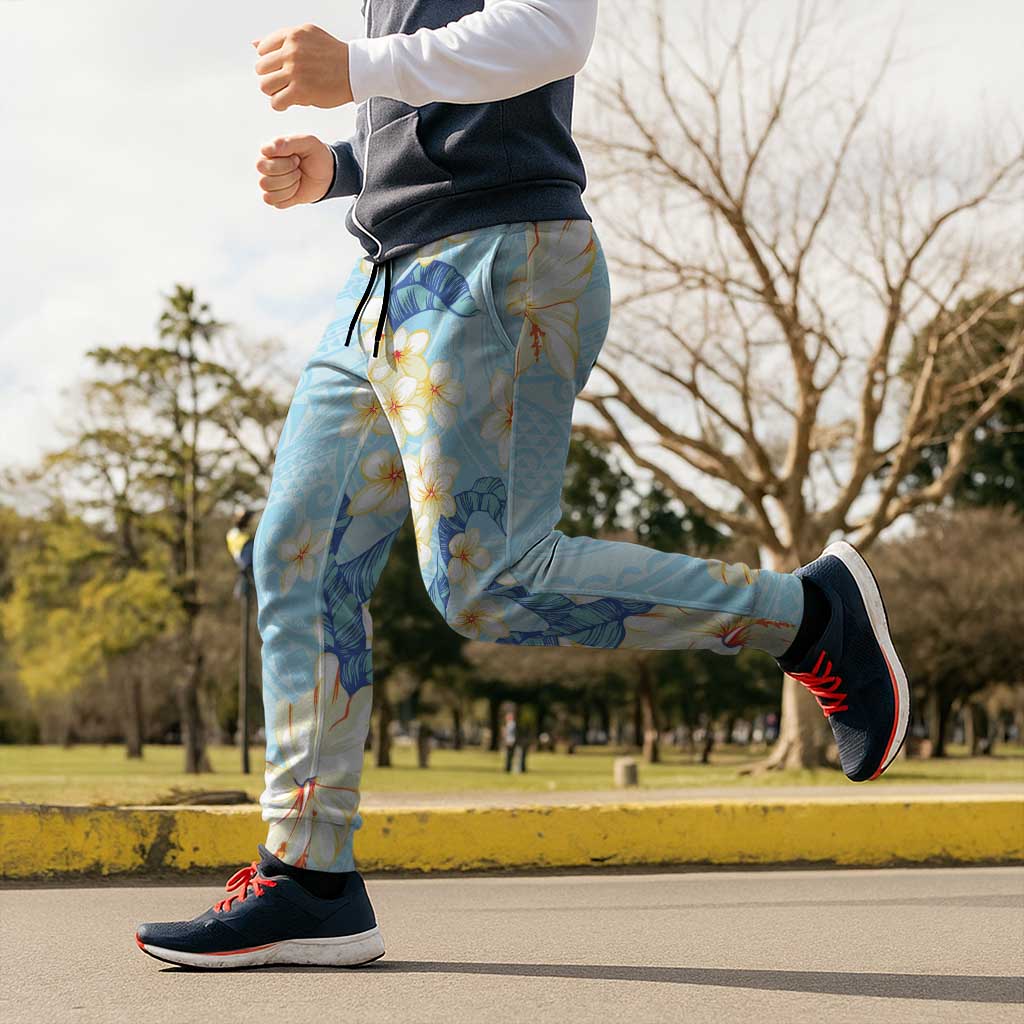 Hawaii Hibiscus Plumeria Blue Jogger Pants Polynesian Pattern