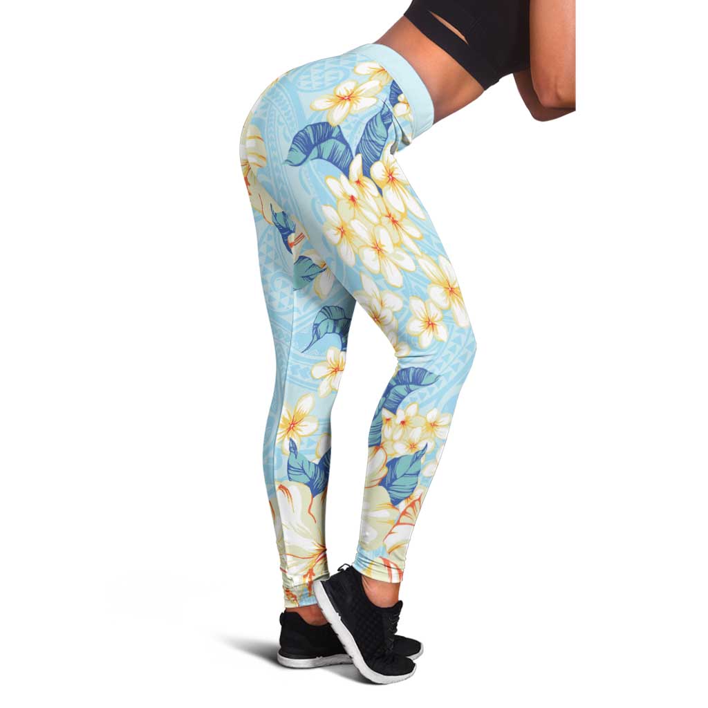 Hawaii Hibiscus Plumeria Blue Leggings Polynesian Pattern