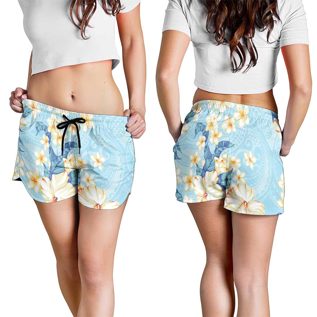 Hawaii Hibiscus Plumeria Blue Shorts for Women Polynesian Pattern LT01 - Polynesian Pride