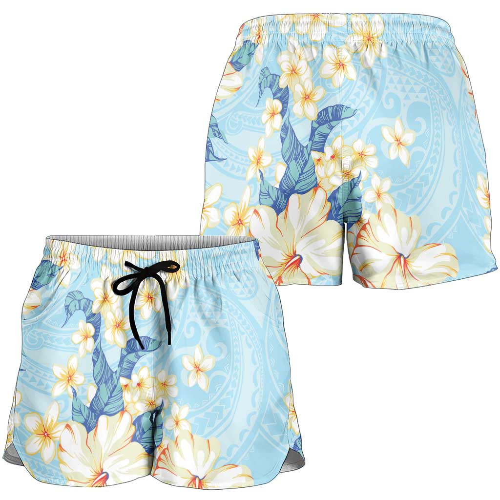 Hawaii Hibiscus Plumeria Blue Shorts for Women Polynesian Pattern LT01 - Polynesian Pride