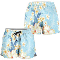 Hawaii Hibiscus Plumeria Blue Shorts for Women Polynesian Pattern LT01 - Polynesian Pride
