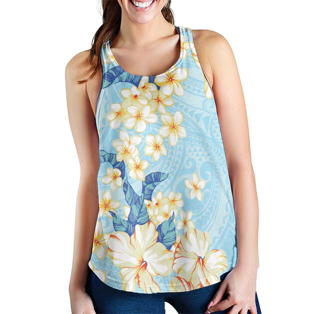 Hawaii Hibiscus Plumeria Blue Women Racerback Tank Polynesian Pattern