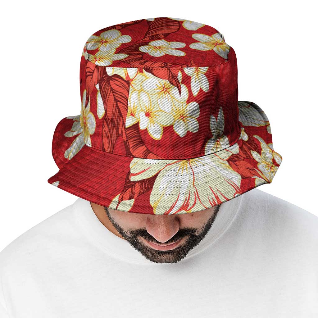 Hawaii Hibiscus Plumeria Red Bucket Hat Polynesian Pattern