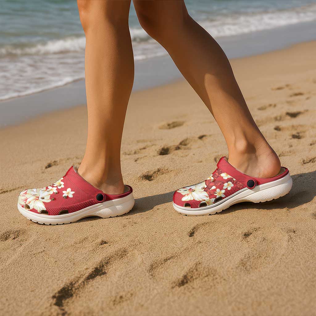 Hawaii Hibiscus Plumeria Red Clogs Shoes Polynesian Pattern