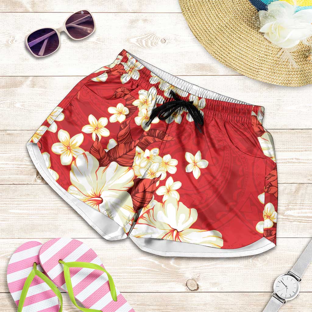 Hawaii Hibiscus Plumeria Red Shorts for Women Polynesian Pattern LT01 Red - Polynesian Pride