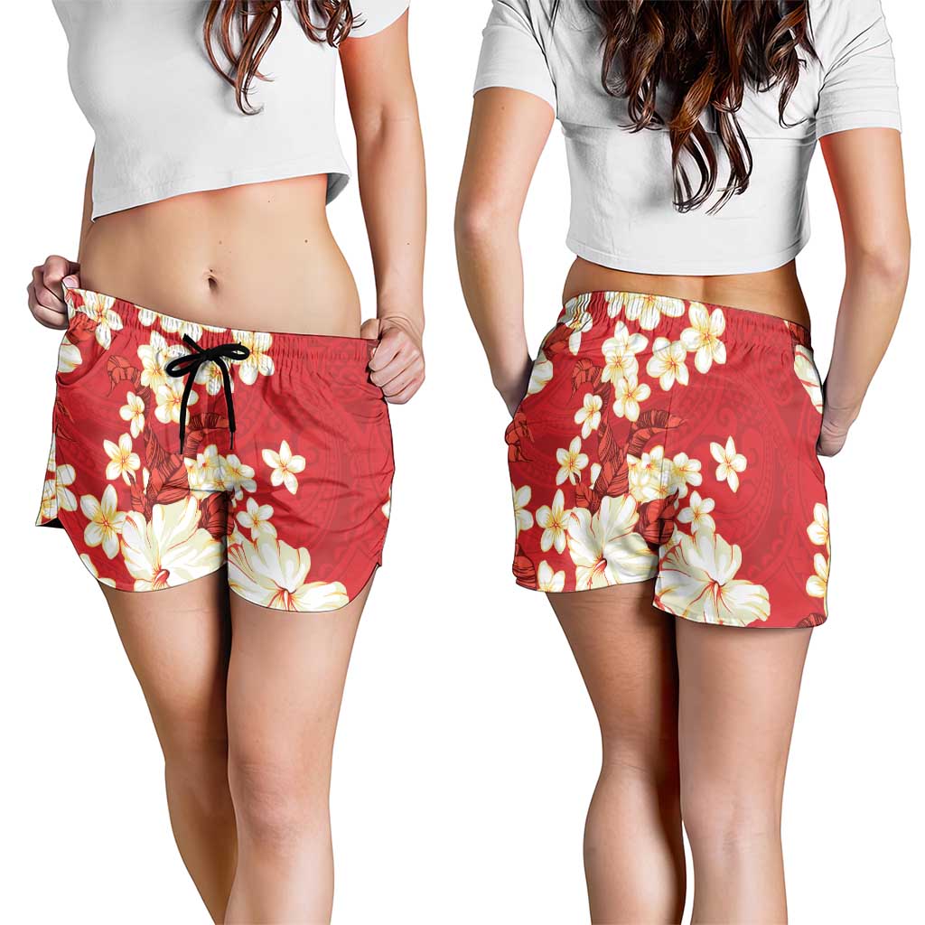 Hawaii Hibiscus Plumeria Red Shorts for Women Polynesian Pattern LT01 - Polynesian Pride
