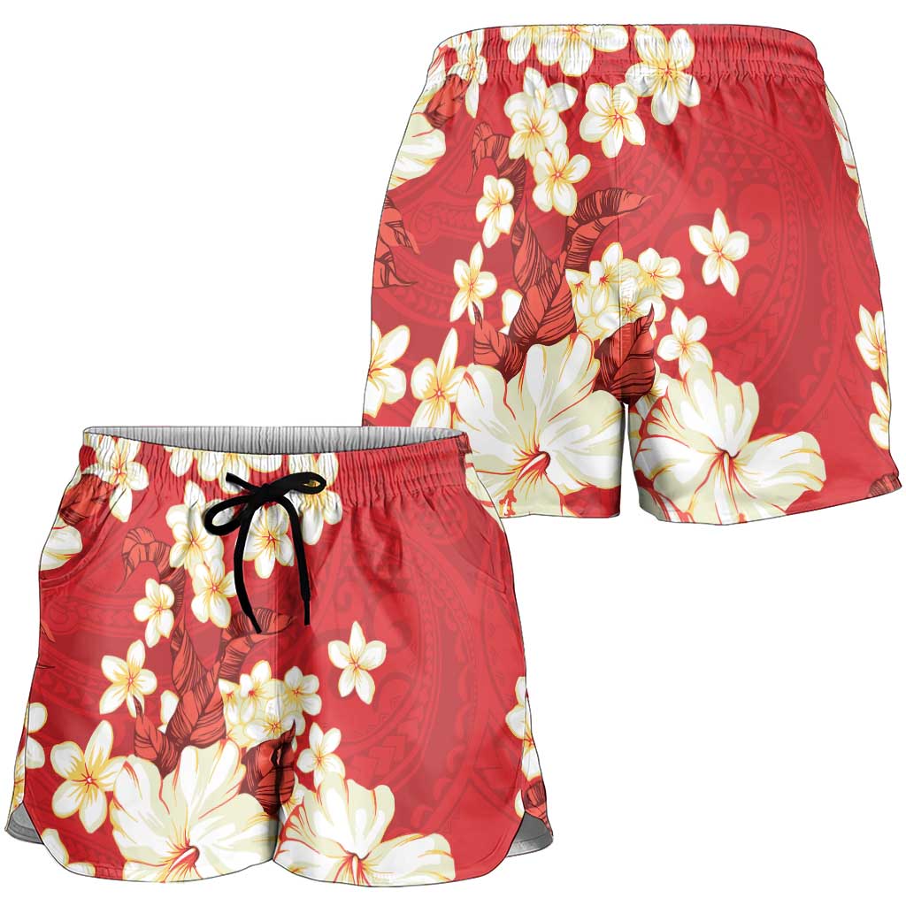 Hawaii Hibiscus Plumeria Red Shorts for Women Polynesian Pattern LT01 - Polynesian Pride