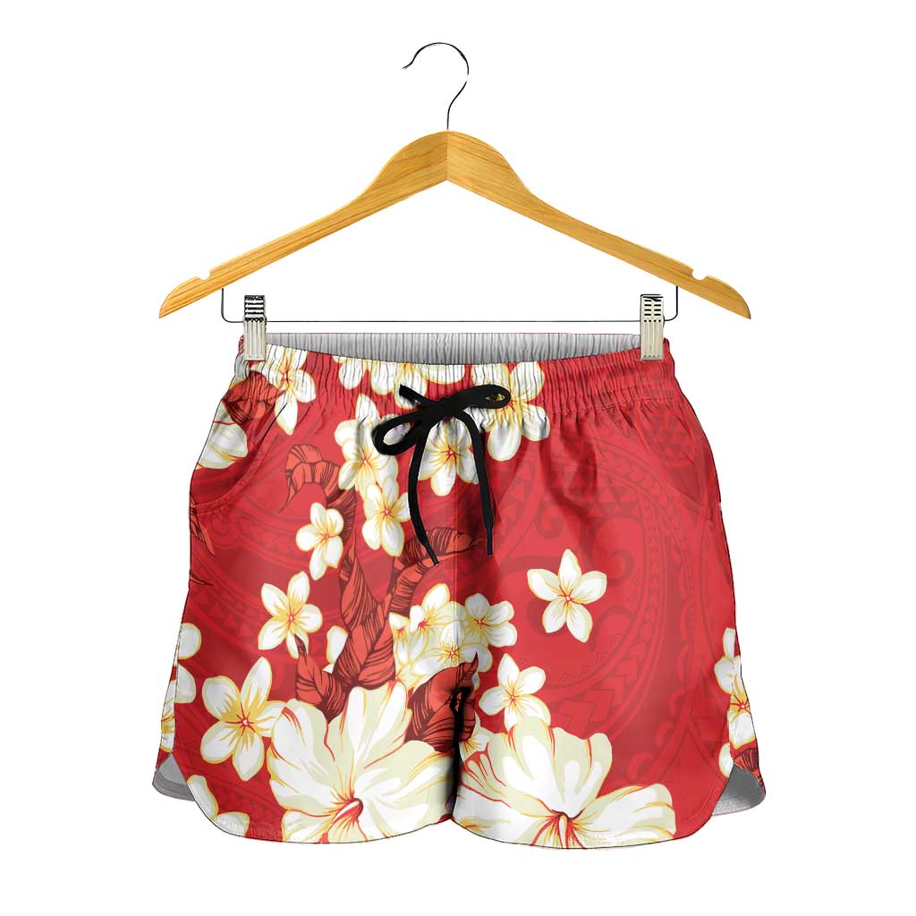 Hawaii Hibiscus Plumeria Red Shorts for Women Polynesian Pattern LT01 - Polynesian Pride
