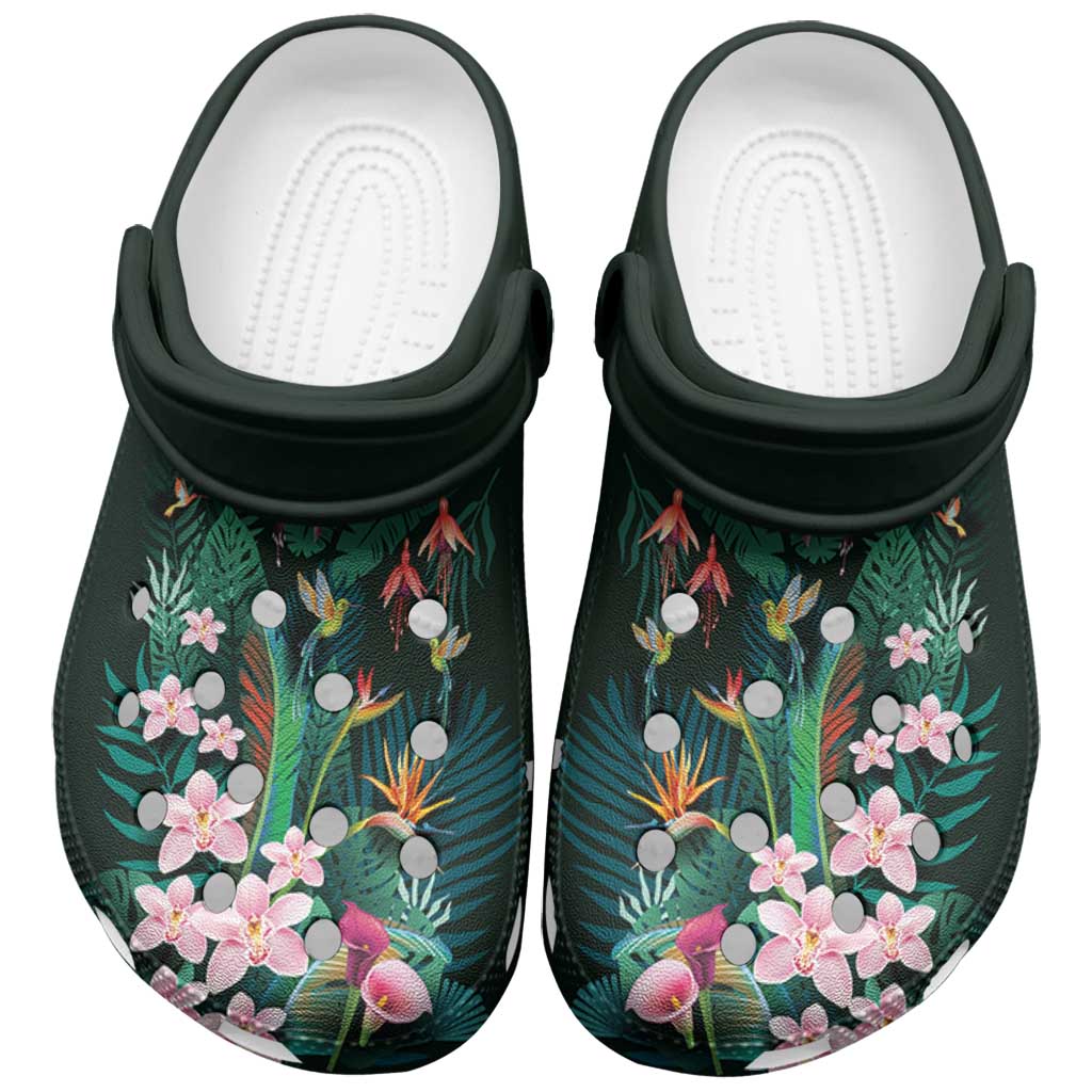 Hawaii Hummingbird Tropical Flowers Clogs Shoes Dark Green LT01 Green - Polynesian Pride