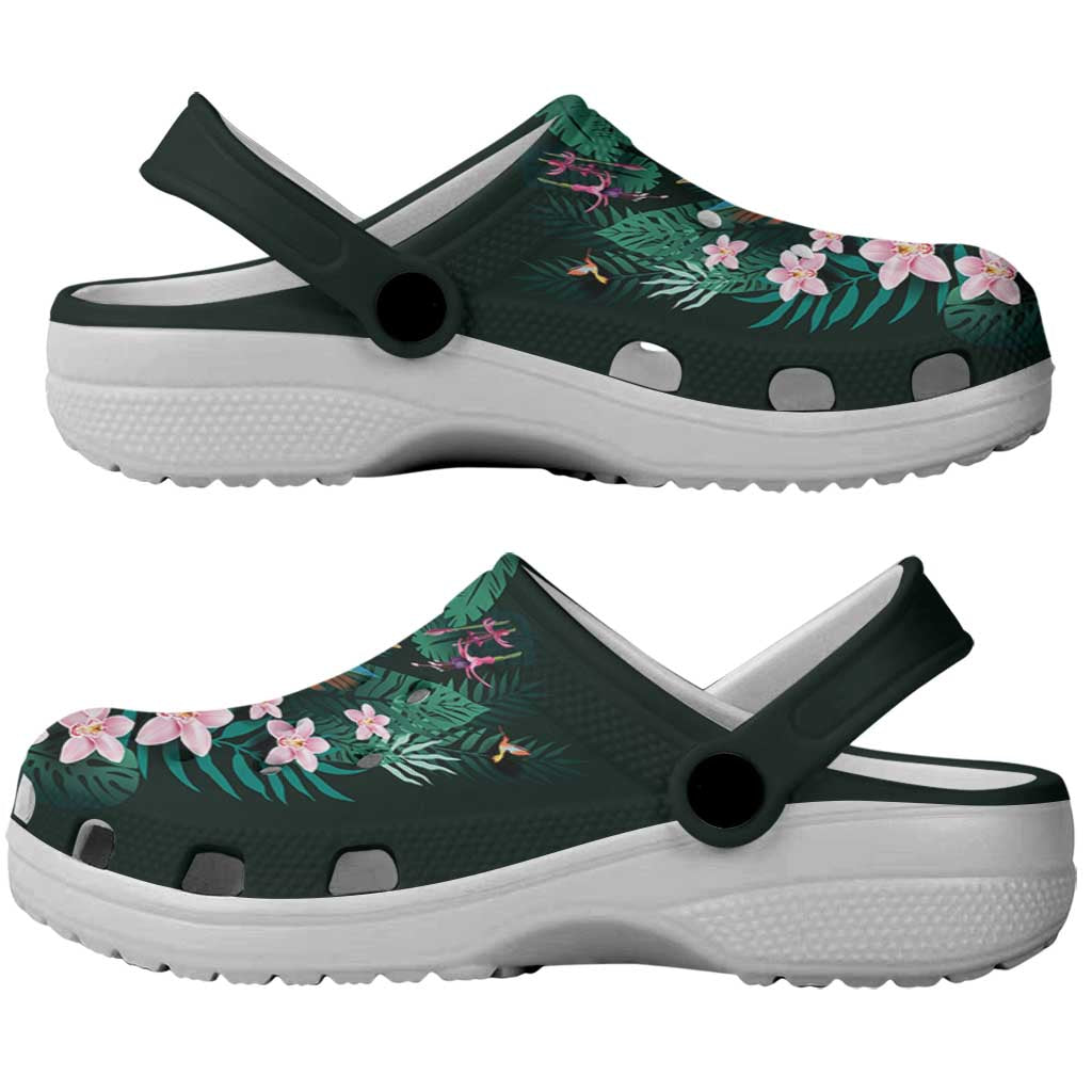 Hawaii Hummingbird Tropical Flowers Clogs Shoes Dark Green LT01 - Polynesian Pride
