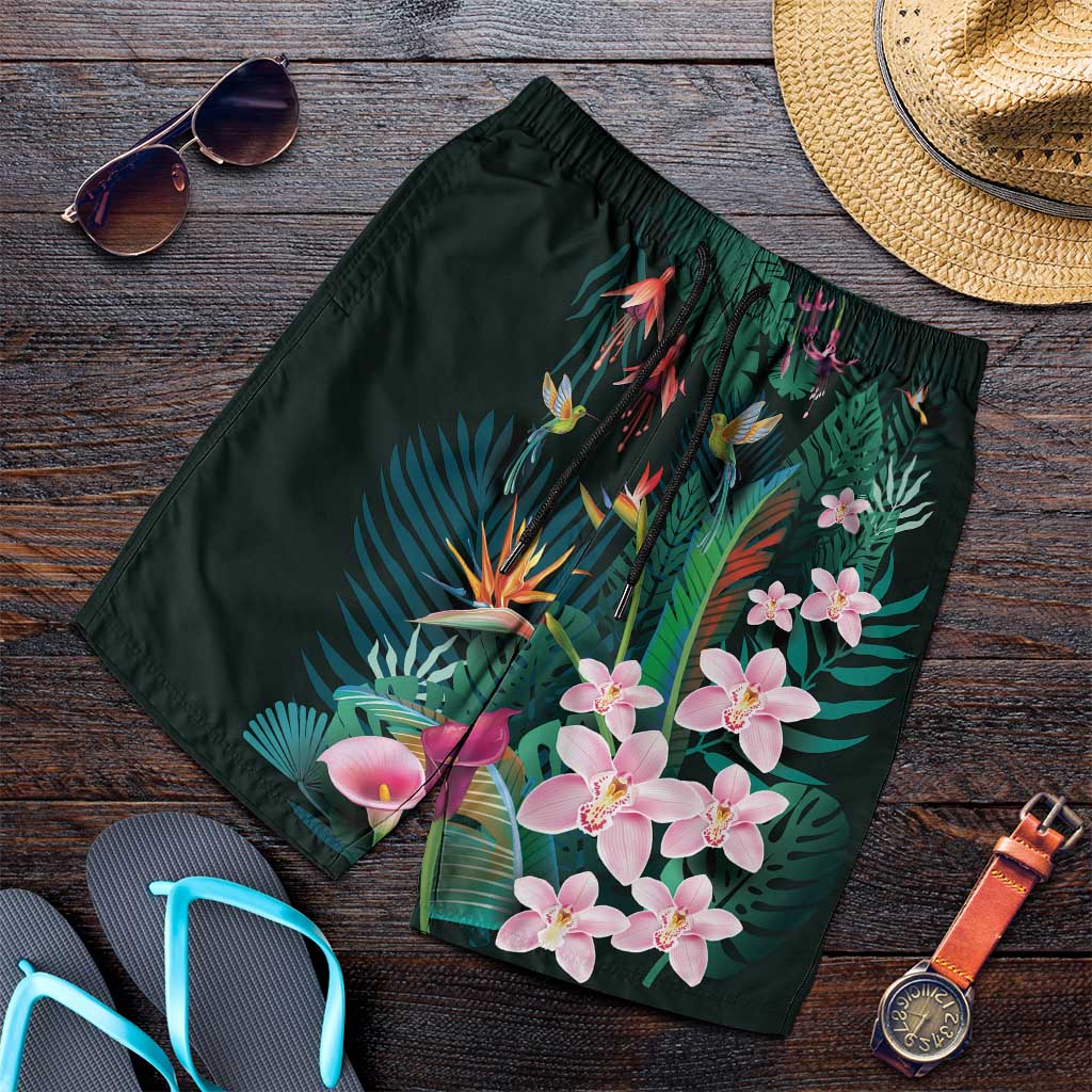 Hawaii Hummingbird Tropical Flowers Shorts for Men Dark Green LT01 Green - Polynesian Pride