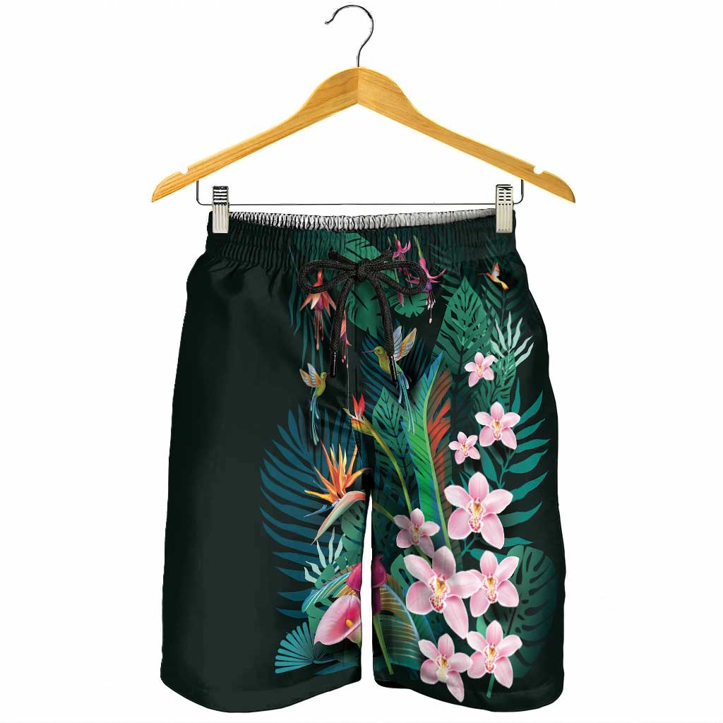 Hawaii Hummingbird Tropical Flowers Shorts for Men Dark Green LT01 - Polynesian Pride
