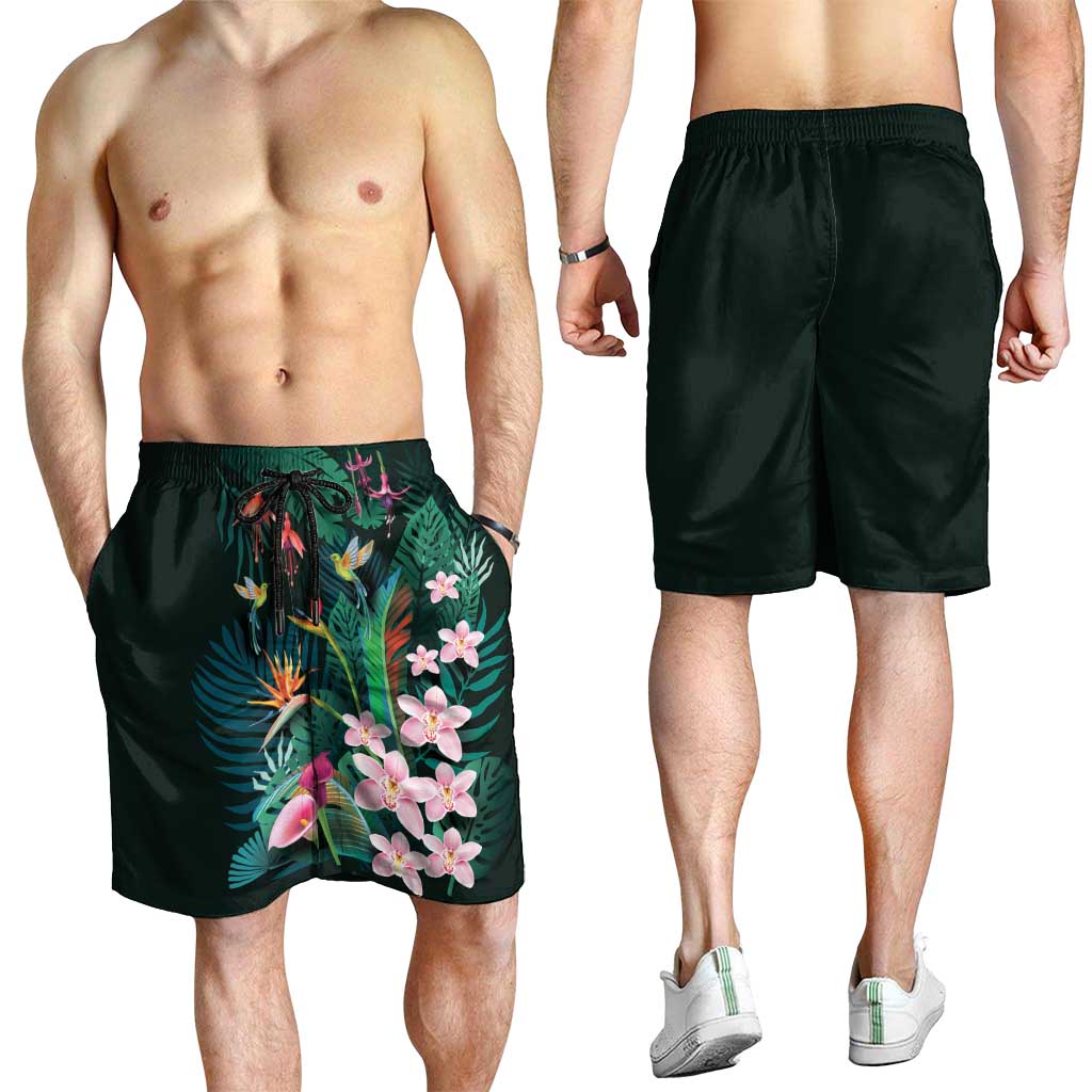 Hawaii Hummingbird Tropical Flowers Shorts for Men Dark Green LT01 - Polynesian Pride
