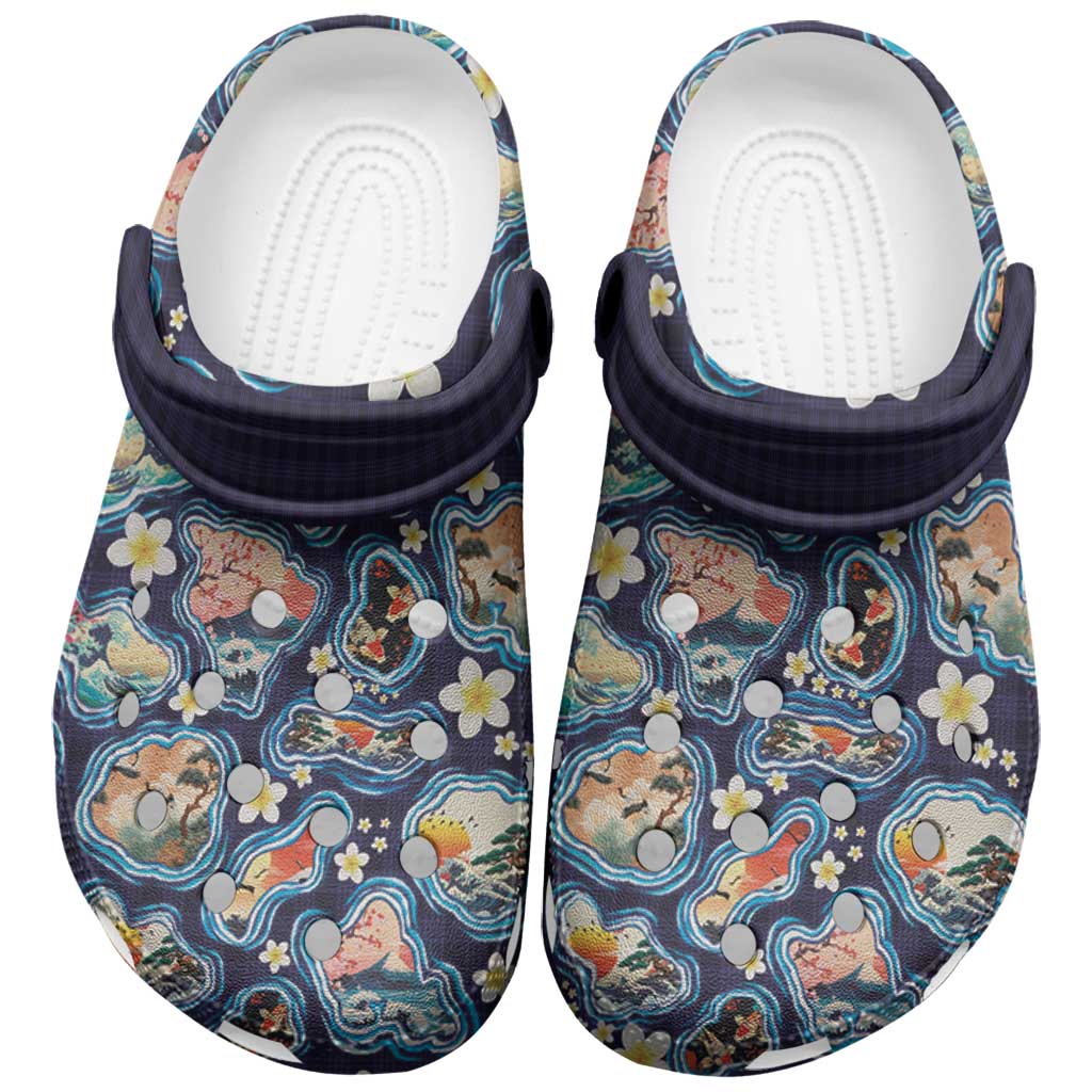 Hawaii Islands Map Design with Japanese Landscape Clogs Shoes Hawaiian Japan Fusion Art Navy Color LT03 Navy - Polynesian Pride