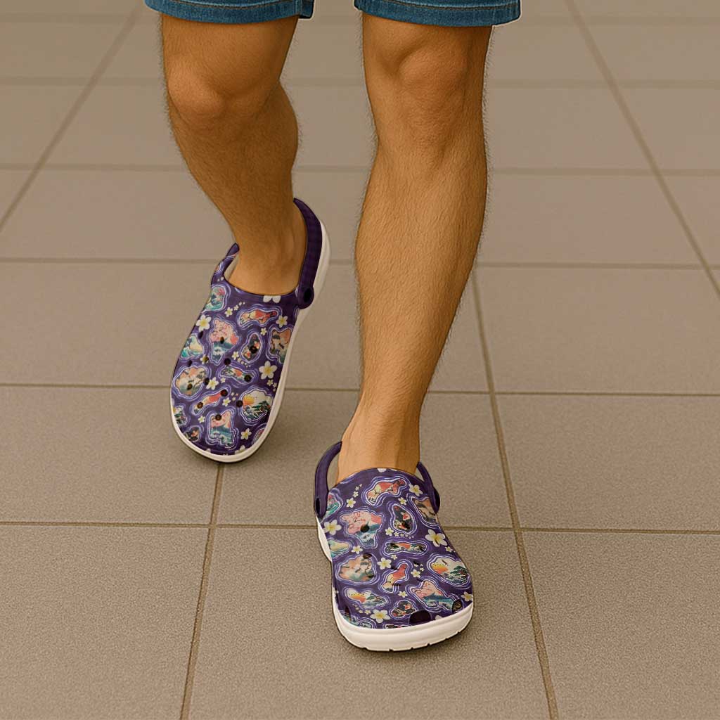 Hawaii Islands Map Design with Japanese Landscape Clogs Shoes Hawaiian Japan Fusion Art Purple Color LT03 - Polynesian Pride
