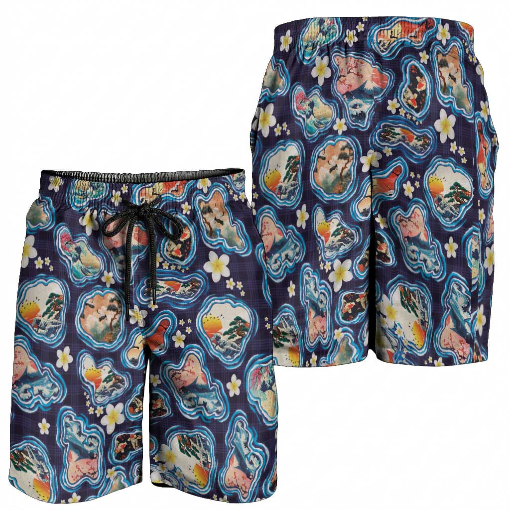 Hawaii Islands Map Design with Japanese Landscape Shorts for Men Hawaiian Japan Fusion Art Navy Color LT03 - Polynesian Pride