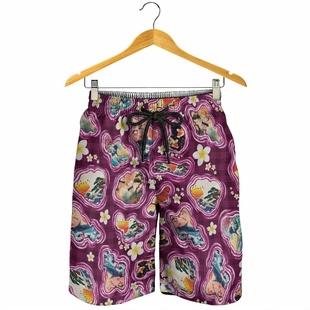 Hawaii Islands Map Design with Japanese Landscape Shorts for Men Hawaiian Japan Fusion Art Pink Color LT03 - Polynesian Pride