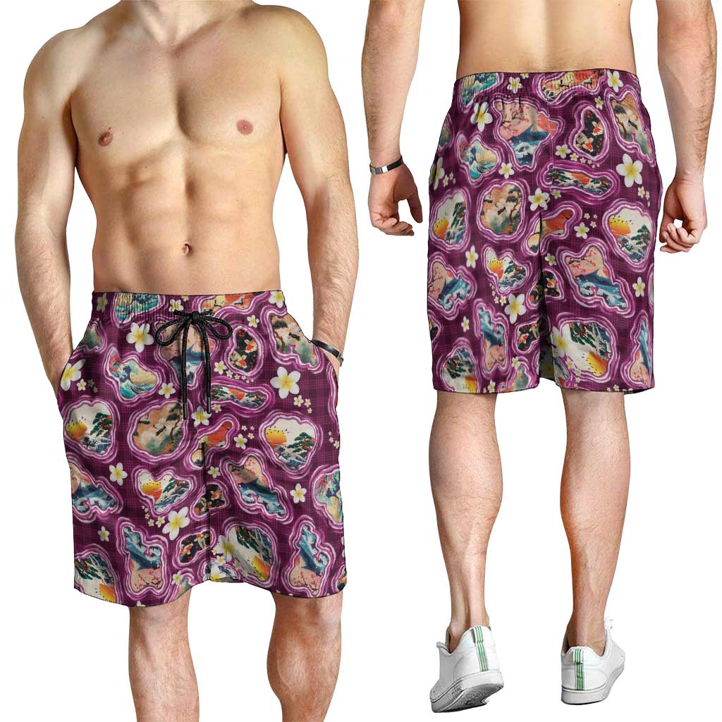 Hawaii Islands Map Design with Japanese Landscape Shorts for Men Hawaiian Japan Fusion Art Pink Color LT03 - Polynesian Pride