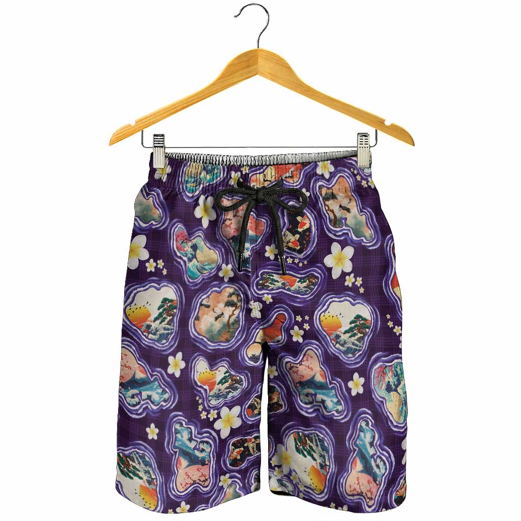 Hawaii Islands Map Design with Japanese Landscape Shorts for Men Hawaiian Japan Fusion Art Purple Color LT03 - Polynesian Pride