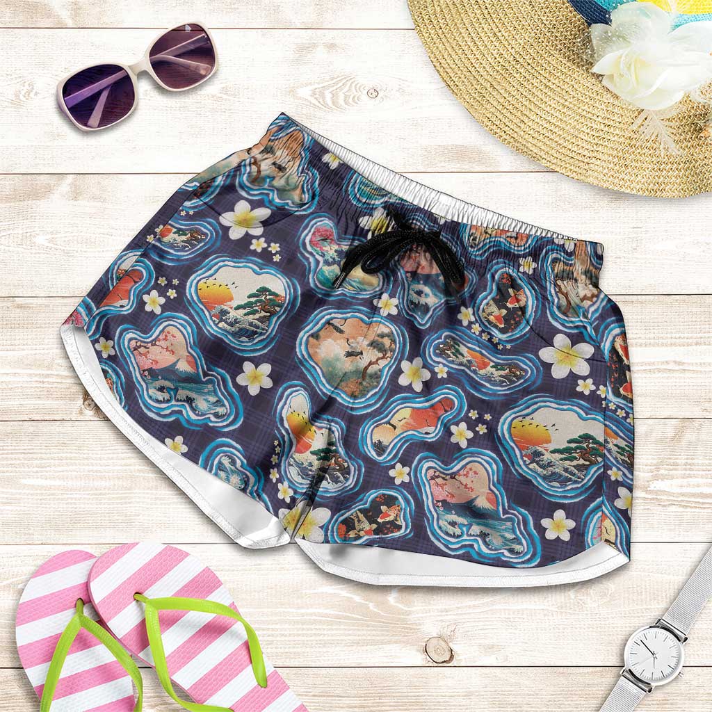 Hawaii Islands Map Design with Japanese Landscape Shorts for Women Hawaiian Japan Fusion Art Navy Color LT03 Navy - Polynesian Pride