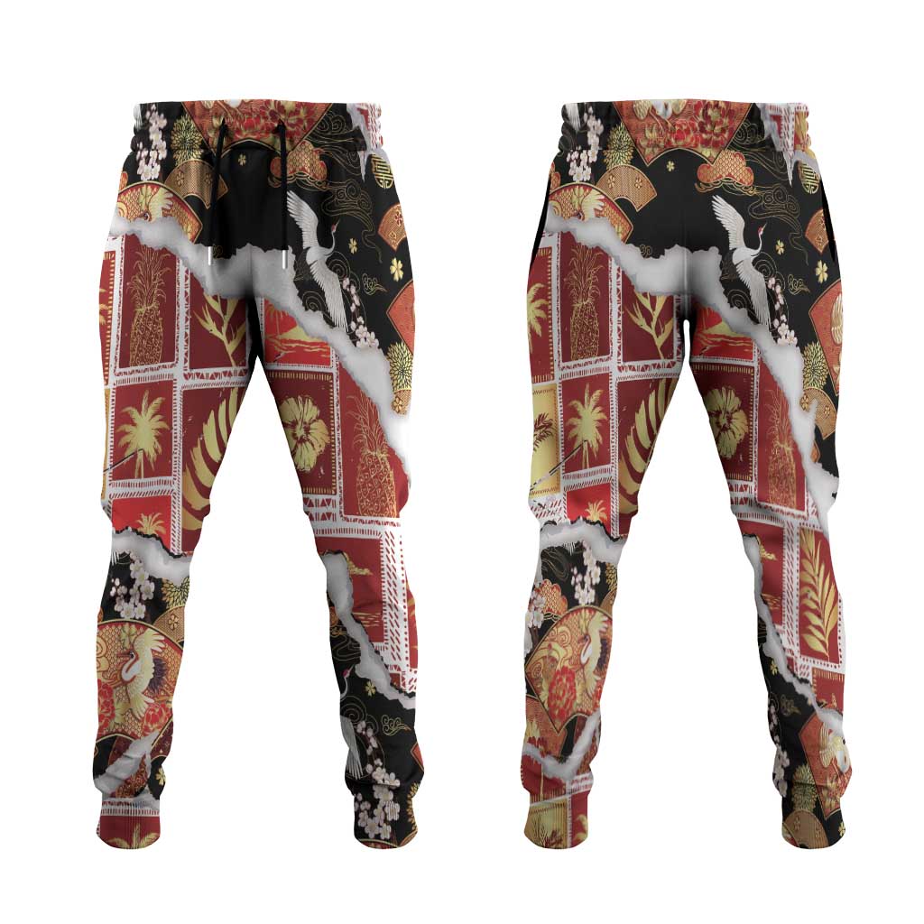 Hawaii Japanese Culture Black Jogger Pants Spring Cranes Aloha Pattern
