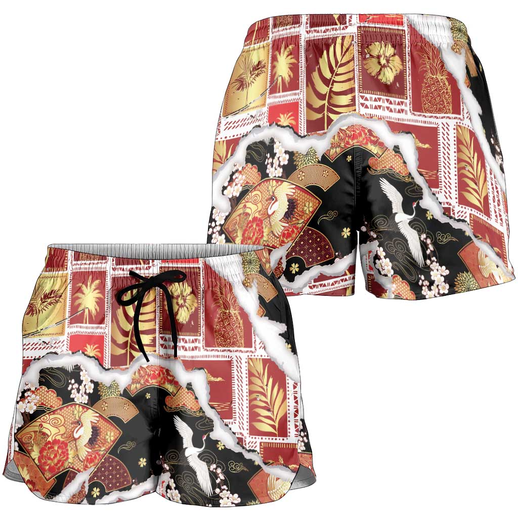 Hawaii Japanese Culture Black Shorts for Women Spring Cranes Aloha Pattern