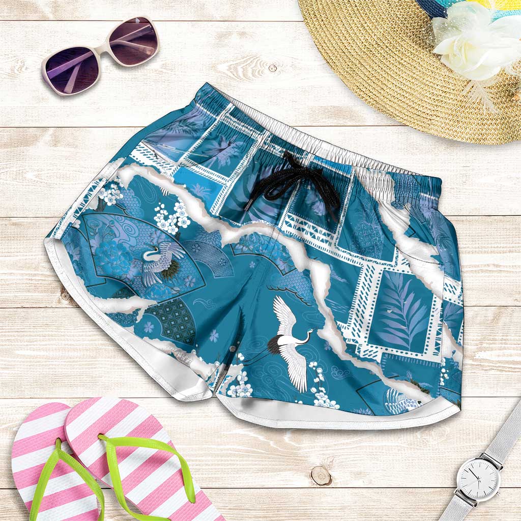 Hawaii Japanese Culture Blue Shorts for Women Spring Cranes Aloha Pattern