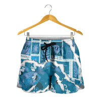Hawaii Japanese Culture Blue Shorts for Women Spring Cranes Aloha Pattern