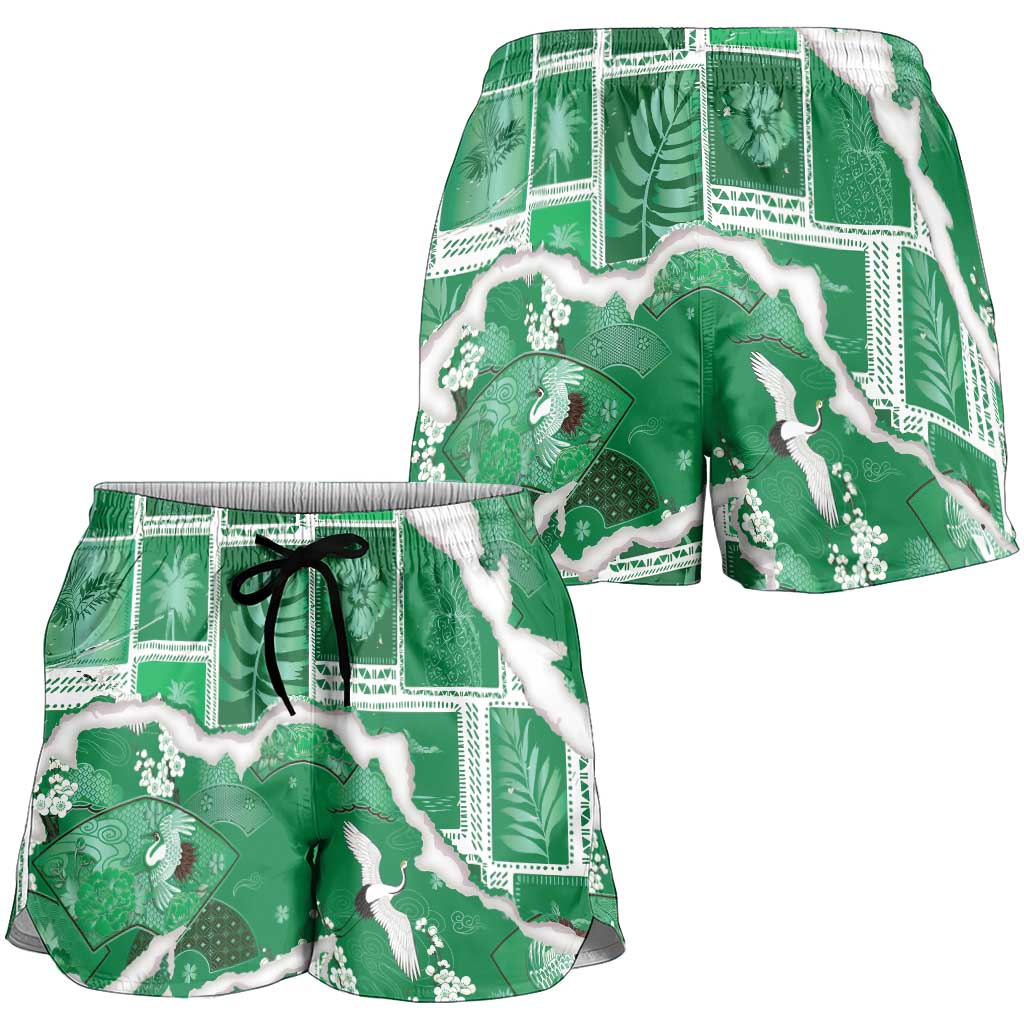 Hawaii Japanese Culture Green Shorts for Women Spring Cranes Aloha Pattern