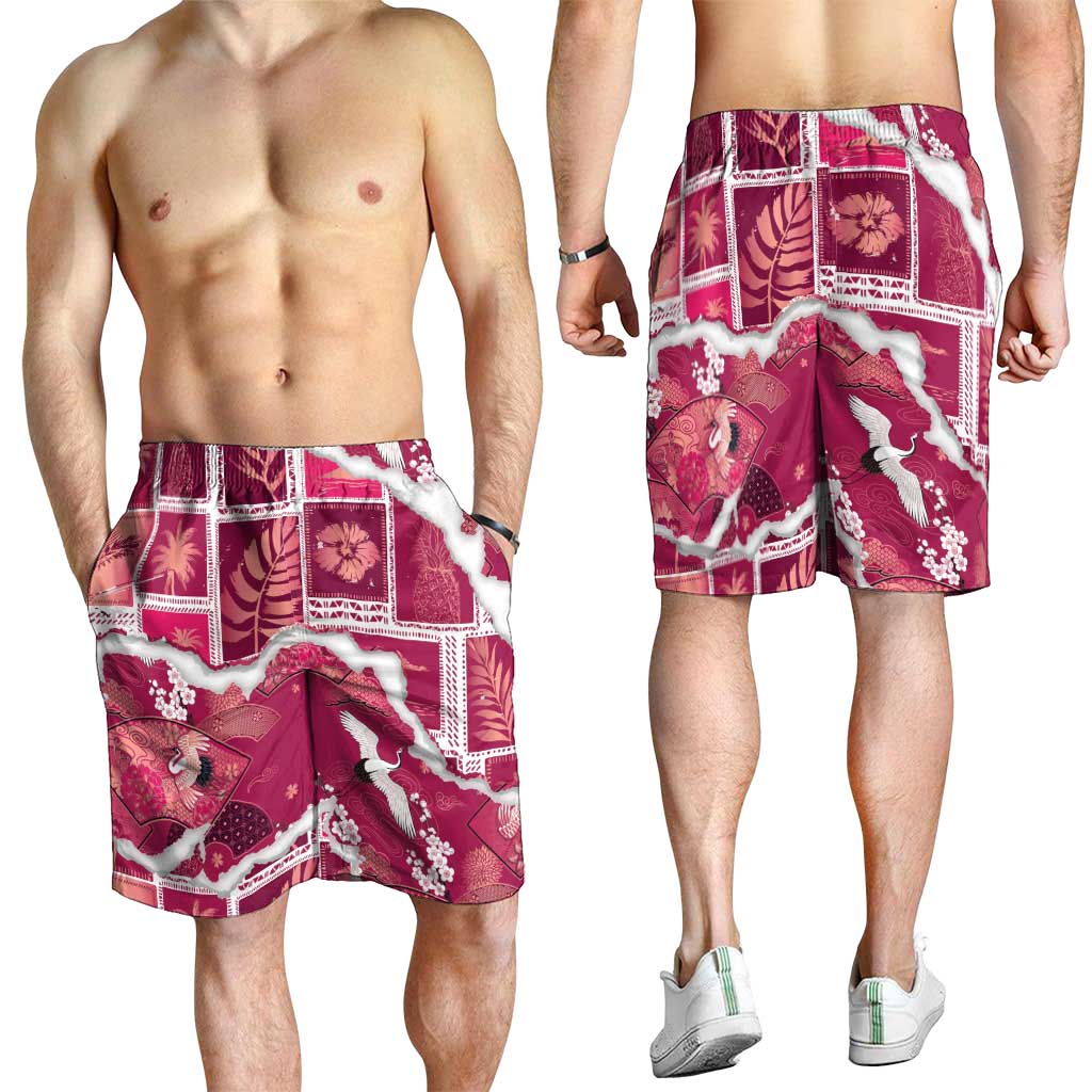 Hawaii Japanese Culture Pink Shorts for Men Spring Cranes Aloha Pattern