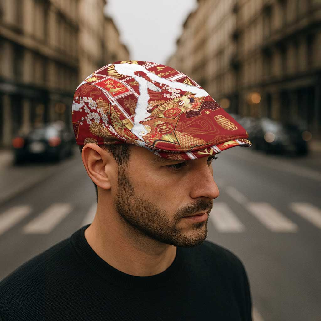 Hawaii Japanese Culture Red Jeff Hat Spring Cranes Aloha Pattern