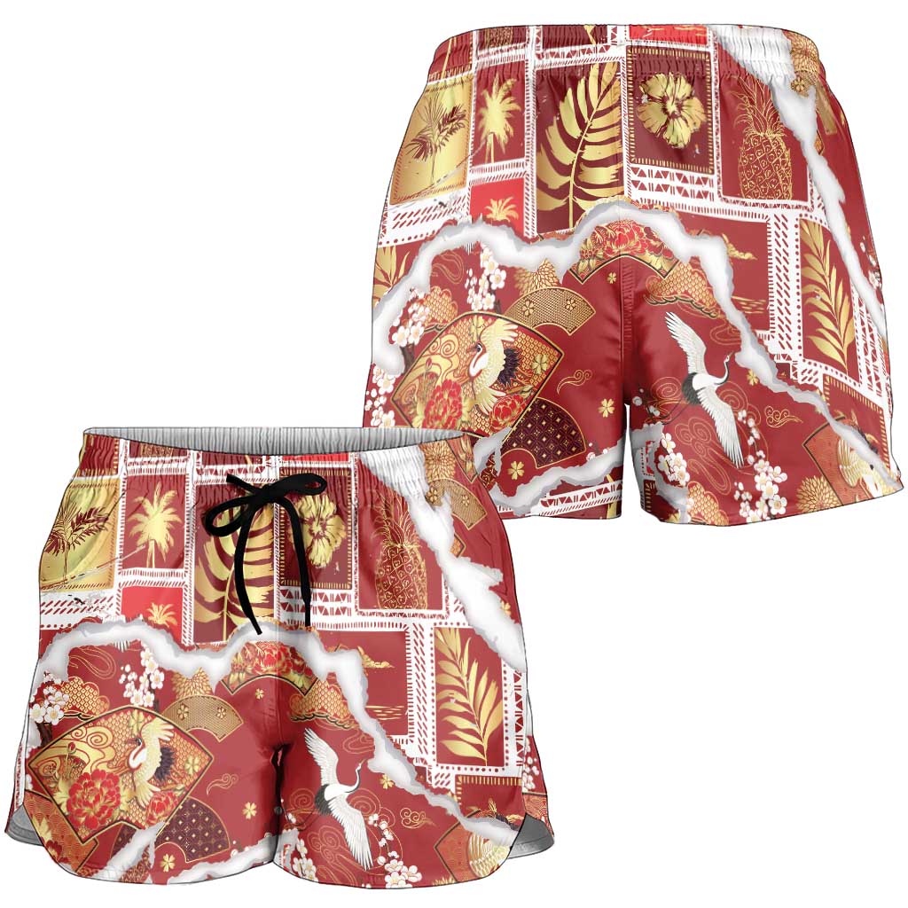 Hawaii Japanese Culture Red Shorts for Women Spring Cranes Aloha Pattern