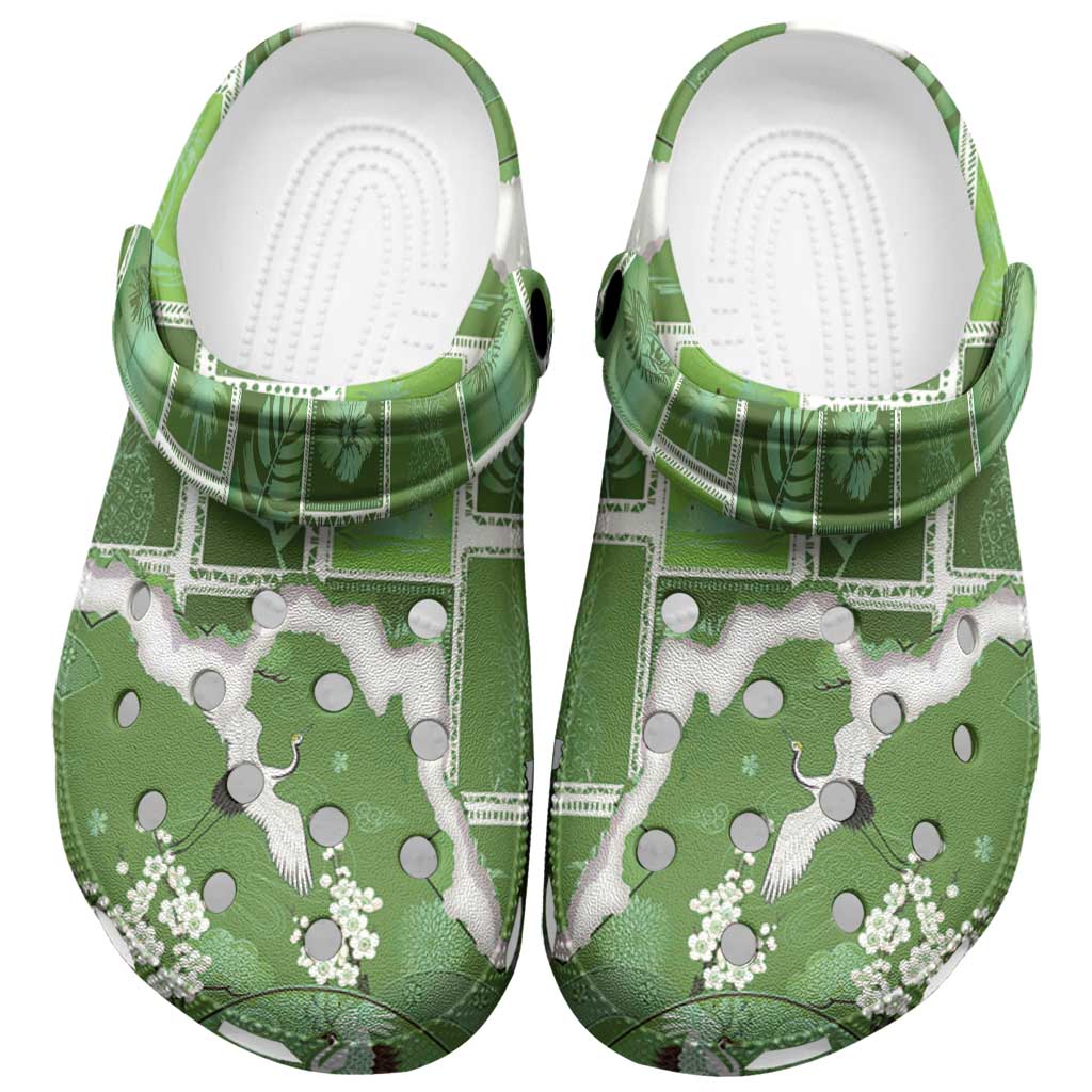 Hawaii Japanese Culture Sage Green Clogs Shoes Spring Cranes Aloha Pattern LT01 Sage - Polynesian Pride