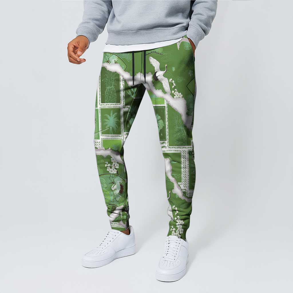 Hawaii Japanese Culture Sage Green Jogger Pants Spring Cranes Aloha Pattern