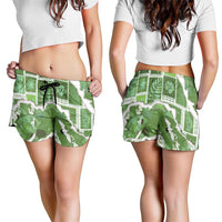 Hawaii Japanese Culture Sage Green Shorts for Women Spring Cranes Aloha Pattern